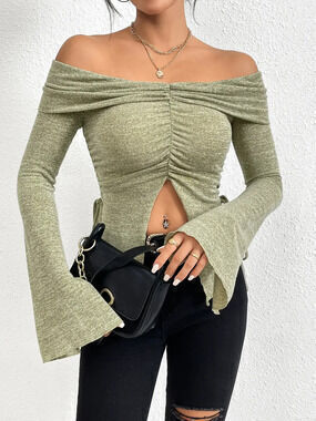 Fall Winter Sexy Off Shoulder Knit Top Slit Bell Sleeve